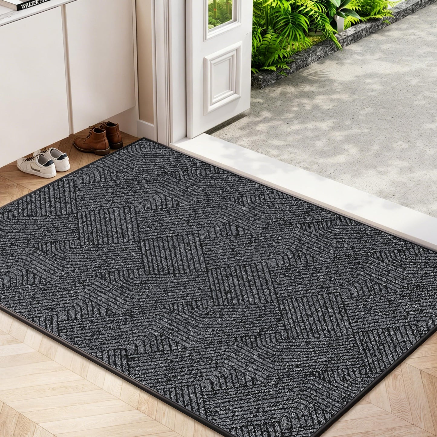 Naoloture Indoor Door Mat 30"x47" Large, Low-Profile Welcome Front Door Mat Indoor Entrance, Non Slip Rubber Backing Inside Doormat Washable Entryway Mat Dirt Trapper & Absorbent, Dark-Grey/Black