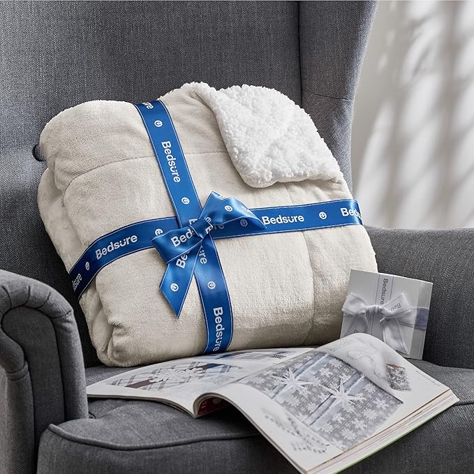 Bedsure GentleSoft Sherpa Fleece Blankets King Size for Bed - Thick and Warm, Soft Fuzzy Plush King Blanket for Winter, Linen, 108x90 Inches