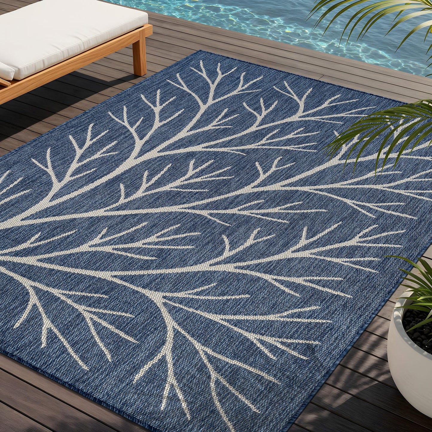 Washable Indoor Outdoor Rug 5x7 Modern Area Rugs Branch Pattern Non Shedding Waterproof Easy Clean Patio Deck Porch Living Room Bedroom Garden RV (5 X 7 Blue)