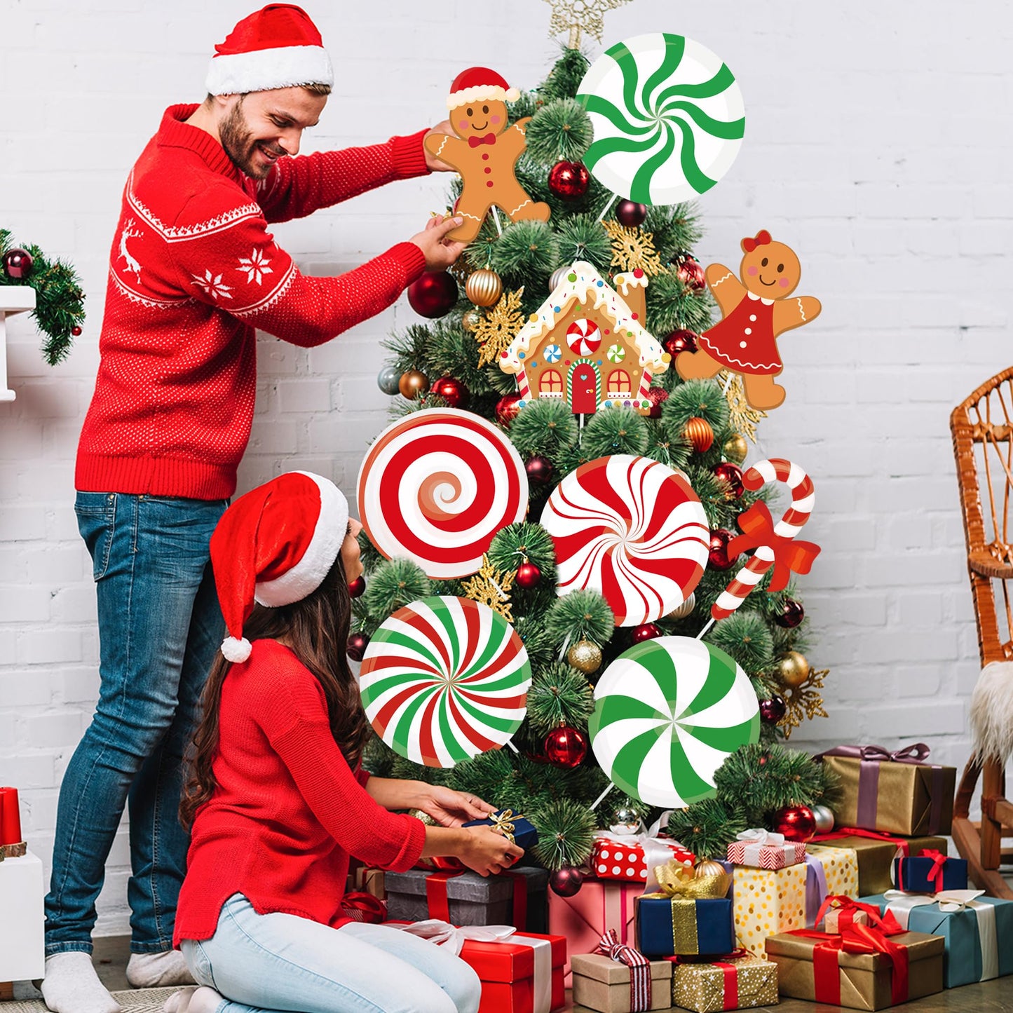12 PCS Large Candy Gingerbread Christmas Tree Picks 10 Inch Candy Cane Gingerbread Man Christmas Tree Ornaments Peppermint Lollipop Hanging Decor for Xmas Trees Topper New Year Holiday Party Decor