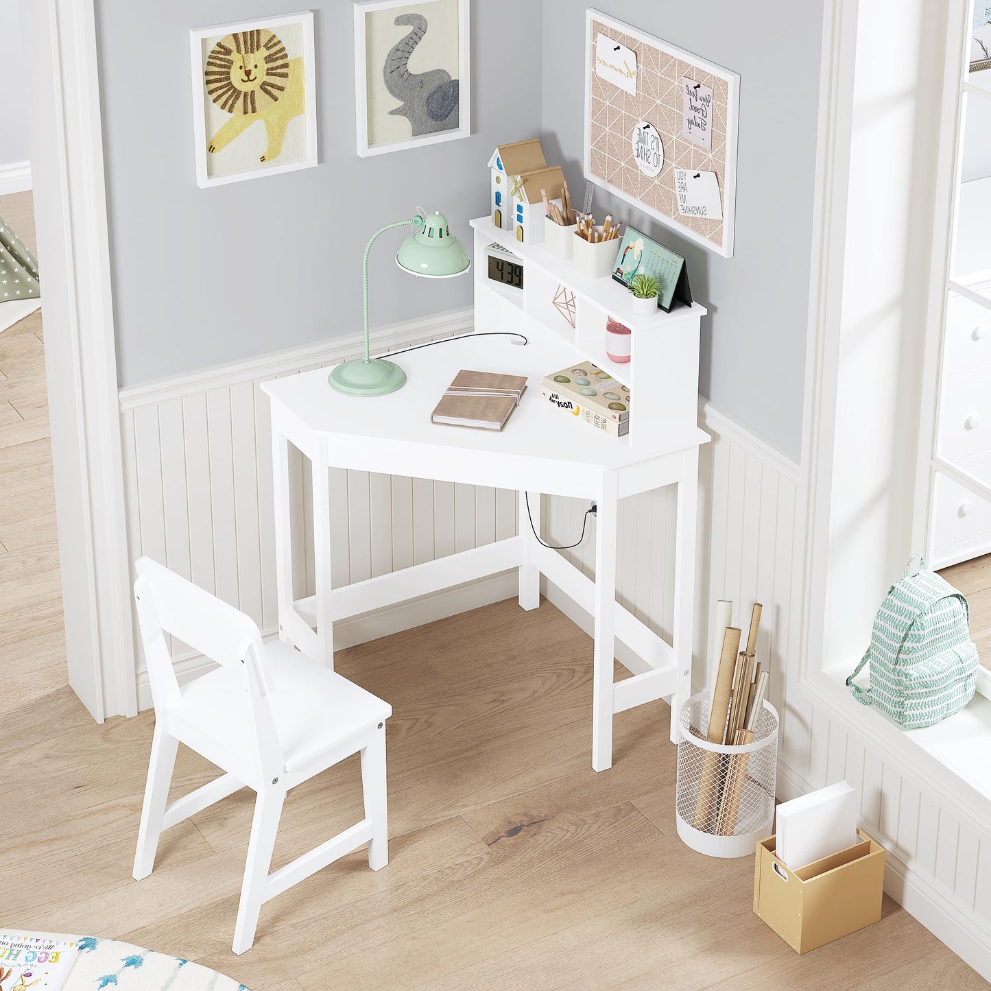 UTEX Kids Desk, Kids Corner Desk and Chair Set, Children Study Table with Storage and Hutch for Home School Use, White