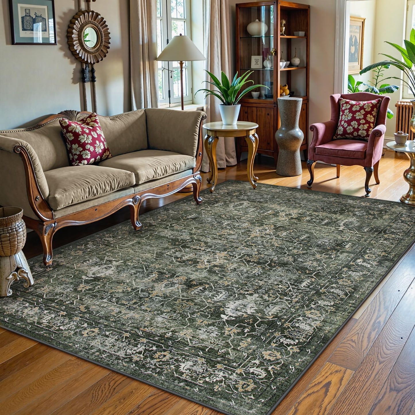 Lahome Margot Washable Area Rugs 5x7 Green Rugs for Living Room,Boho Rug for Bedroom, Distressed Non Slip Low Pile Carpet for Indoor Home Office Dining Room (5'x7', Green)