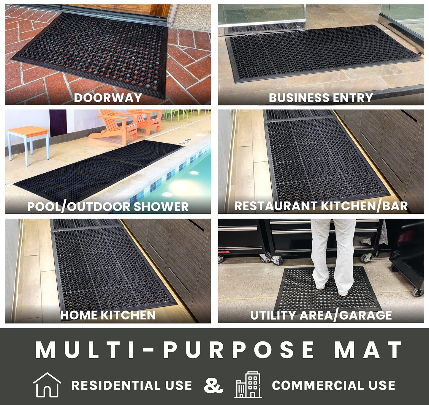 Envelor Anti Fatigue Mats for Kitchen Floor, Rubber Bar Mat, Non Slip Commercial Floor Mat with Drainage Holes, Indoor Outdoor Rubber Mat for Restaurant, Garage, Entryway, Entry Mat 24 x 36 in