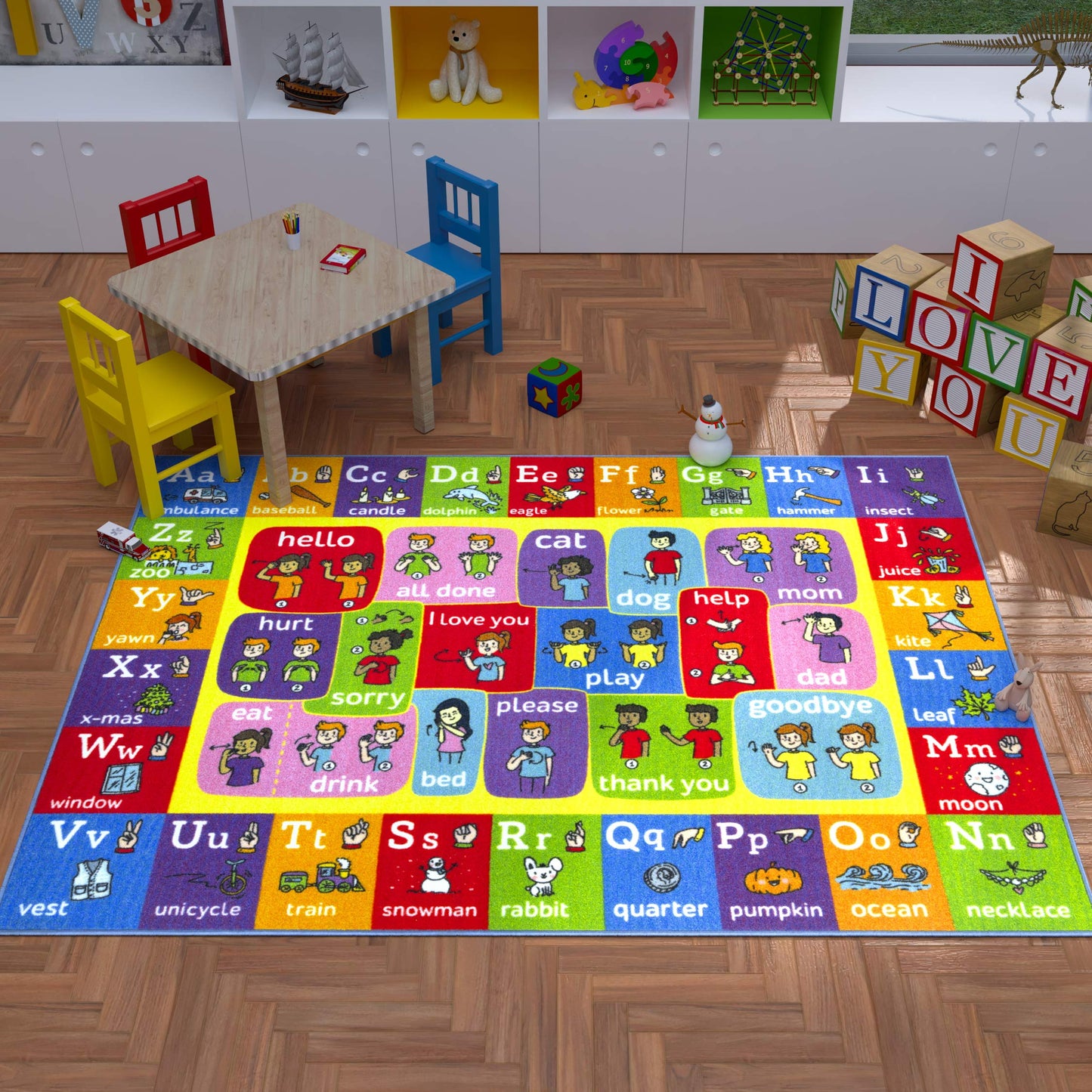 KC Cubs 3x5 ABC Alphabet ASL Sign Language Rug – Educational Non-Slip Carpet Play Mat for Kids, Toddlers, Nursery, Classroom, Playroom, Baby, Daycare