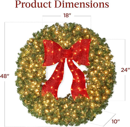 Best Choice Products 48in Large Artificial Pre-Lit Fir Christmas Wreath Holiday Accent Decoration for Door, Mantel w/Red Lighted Bow, 250 LED Lights, 714 PVC Tips, Power Plug-in