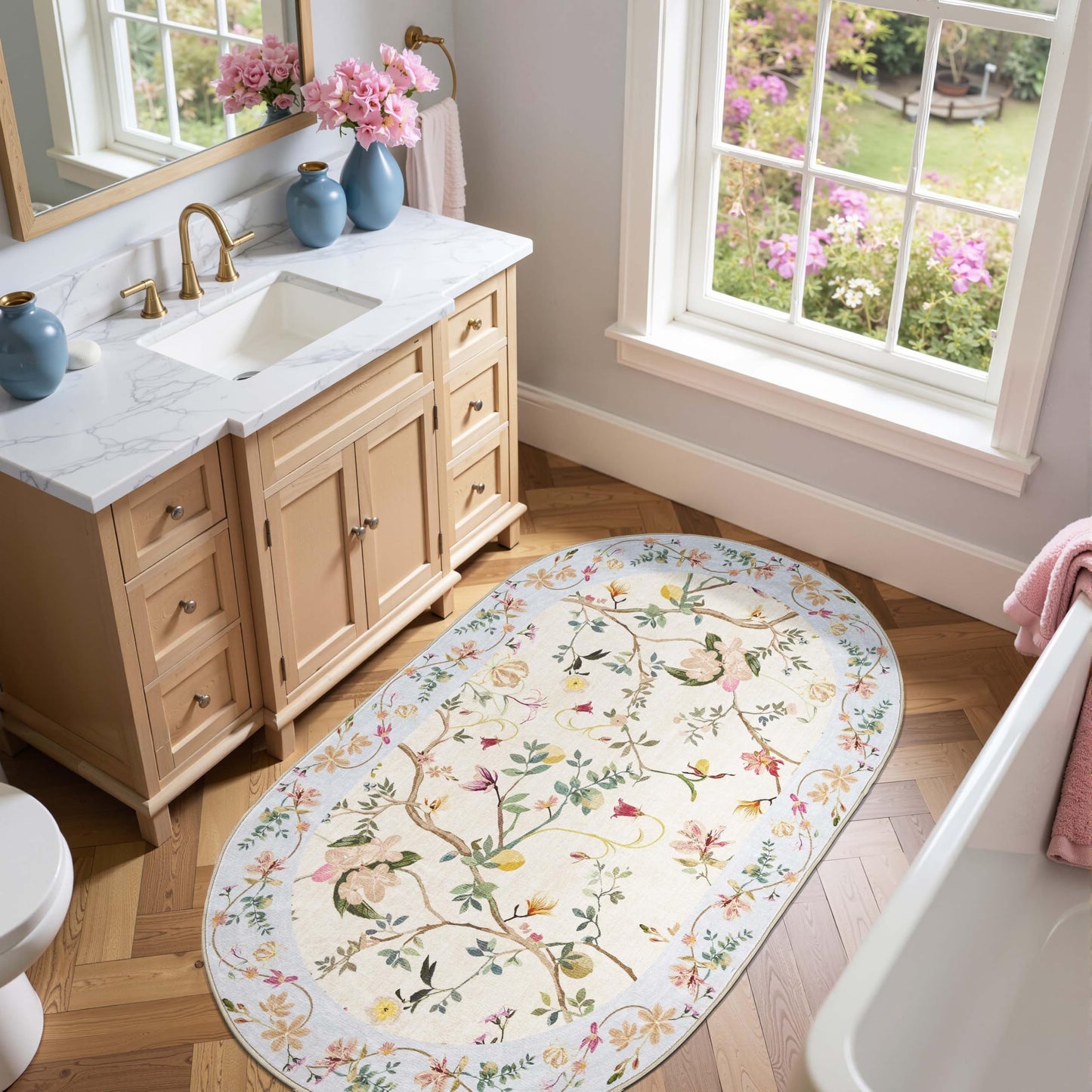 jinchan Floraison Floral Oval Rug for Entryway 3x5 Washable Oriental Flower Design Soft Non Slip Lightweight Low-Pile Chinoiserie Throw Carpet for Bedroom Living Kitchen Room Home Beige/Blue