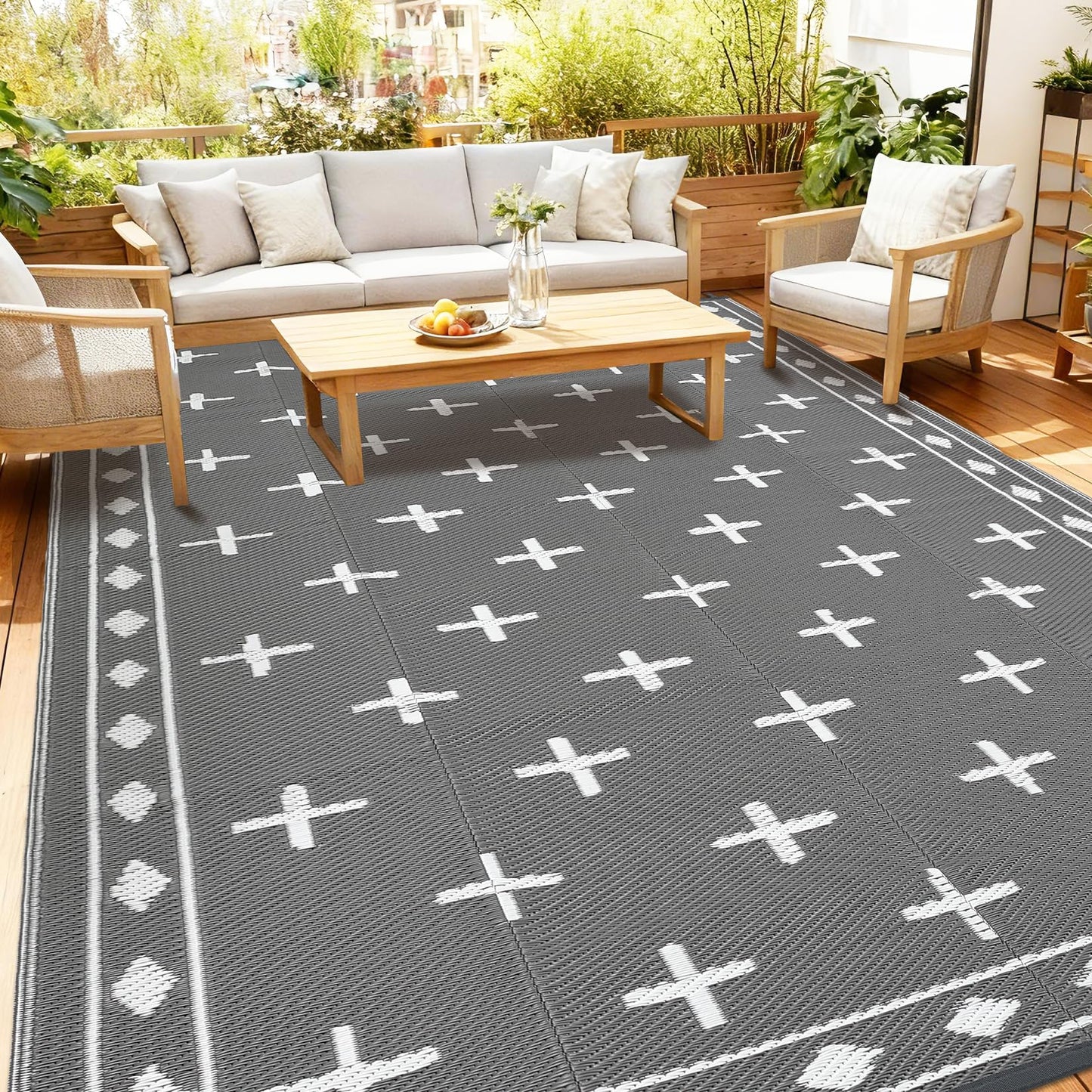 Garvee 8x10 Outdoor Rug, Reversible Waterproof Plastic Straw Patio Mat with Geometric Border Design, Camping & RV Floor Rug for Deck, Balcony, Backyard, Beach and Picnic,Grey