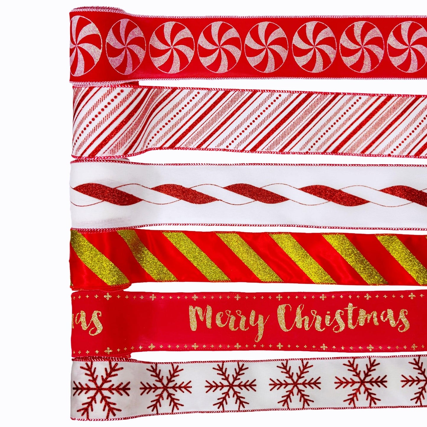 Meseey 2.5 Inch Christmas Wired Ribbon 6 Rolls 30 Yards Red White Candy Cane Glitter Stripe & Lime Green Holiday Ribbon for Tree Topper, Gift Wrapping, Wreaths, Garlands, Home Decor, Party Decorations