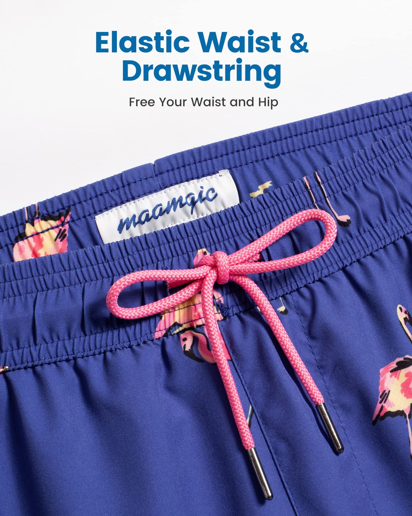 maamgic Mens Swim Trunks with Compression Liner 5 Inch, Quick Dry Bathing Suit with Zipper Pockets, Stretch No-Chafing Swim Shorts, Blue-Pink Flamingo X-Large