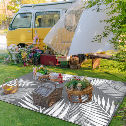 GENIMO Outdoor Rug 8' x 10' Waterproof for Patios Clearance, Reversible Plastic Straw Camping Rug Carpet, Large Area Rugs Mats for RV, Picnic, Backyard, Deck, Balcony, Porch, Beach, Grey&White