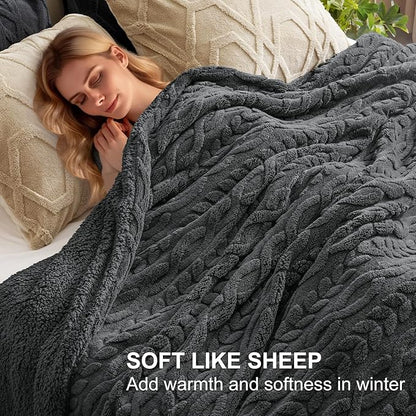 PHF Fluffy Sherpa Blanket Queen Size for Winter, Warm and Soft, 510GSM 3D Jacquard Thick Shaggy Fleece Plush Blanket for Sofa Bed, Dark Grey, 90"x90"