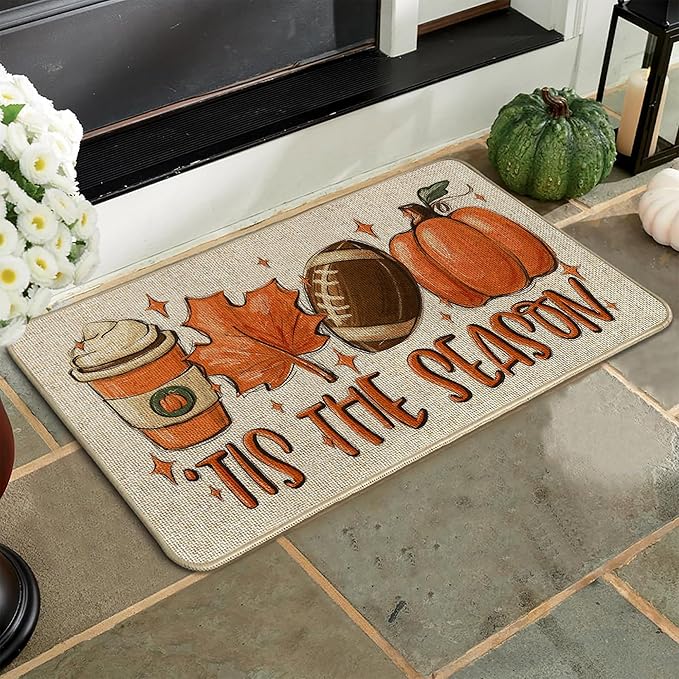 Fall Football Pumpkin Front Door Mat Indoor Outdoor Entrance, Tis The Season Autumn Maple Leaves Washable Non-Slip Rubber Doormat, Inside Outside Entrance Sports Game Day Welcome Floor Mat, 17x29
