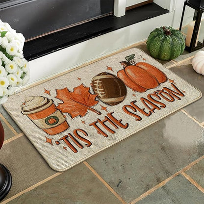 Fall Football Pumpkin Front Door Mat Indoor Outdoor Entrance, Tis The Season Autumn Maple Leaves Washable Non-Slip Rubber Doormat, Inside Outside Entrance Sports Game Day Welcome Floor Mat, 17x29