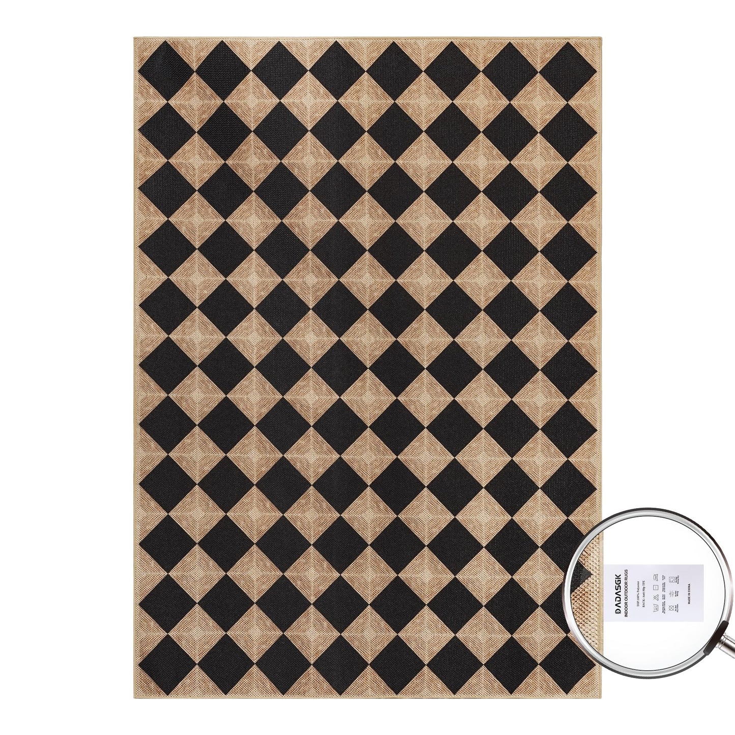Dadasgk 5x7 Checkered Easy Jute Rug – Washable Non-Slip Indoor Outdoor Carpet, Black Textured Diamond Pattern, Neutral Area Rug for Living Room, Bedroom, Dining Room, Patio, Farmhouse Style
