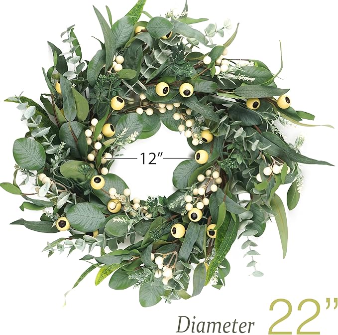 Wreaths for Front Door 22 Inch, All Season Greenery Wreath Olive Eucalyptus Leaves and White Mixed Berry for Indoor Outdoor Farmhouse Home Porch Wall Window Festival Wedding Decor