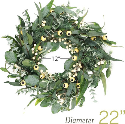 Wreaths for Front Door 22 Inch, All Season Greenery Wreath Olive Eucalyptus Leaves and White Mixed Berry for Indoor Outdoor Farmhouse Home Porch Wall Window Festival Wedding Decor