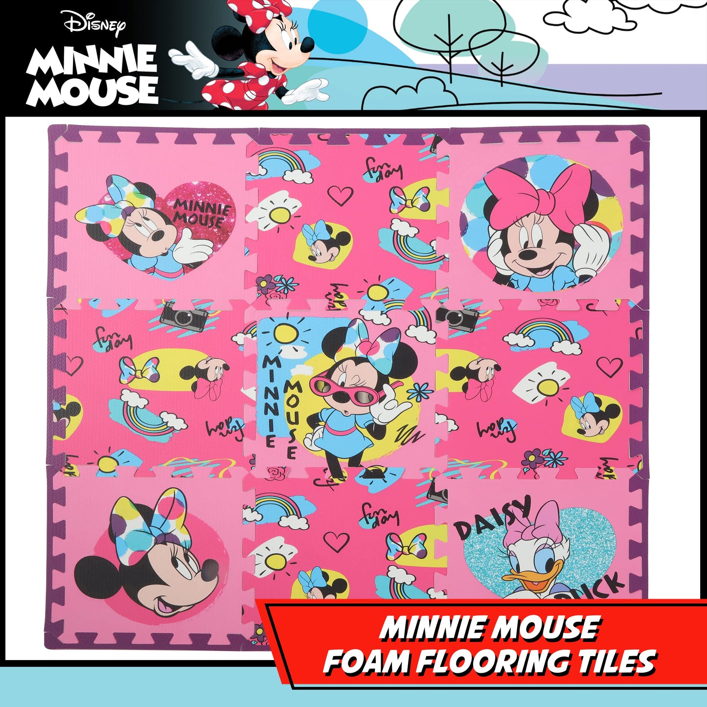 Disney Minnie Mouse Daisy Duck EVA Foam Mat, Cool Summer Interlocking Flooring Tiles, Pink, 36 x 36 Inches