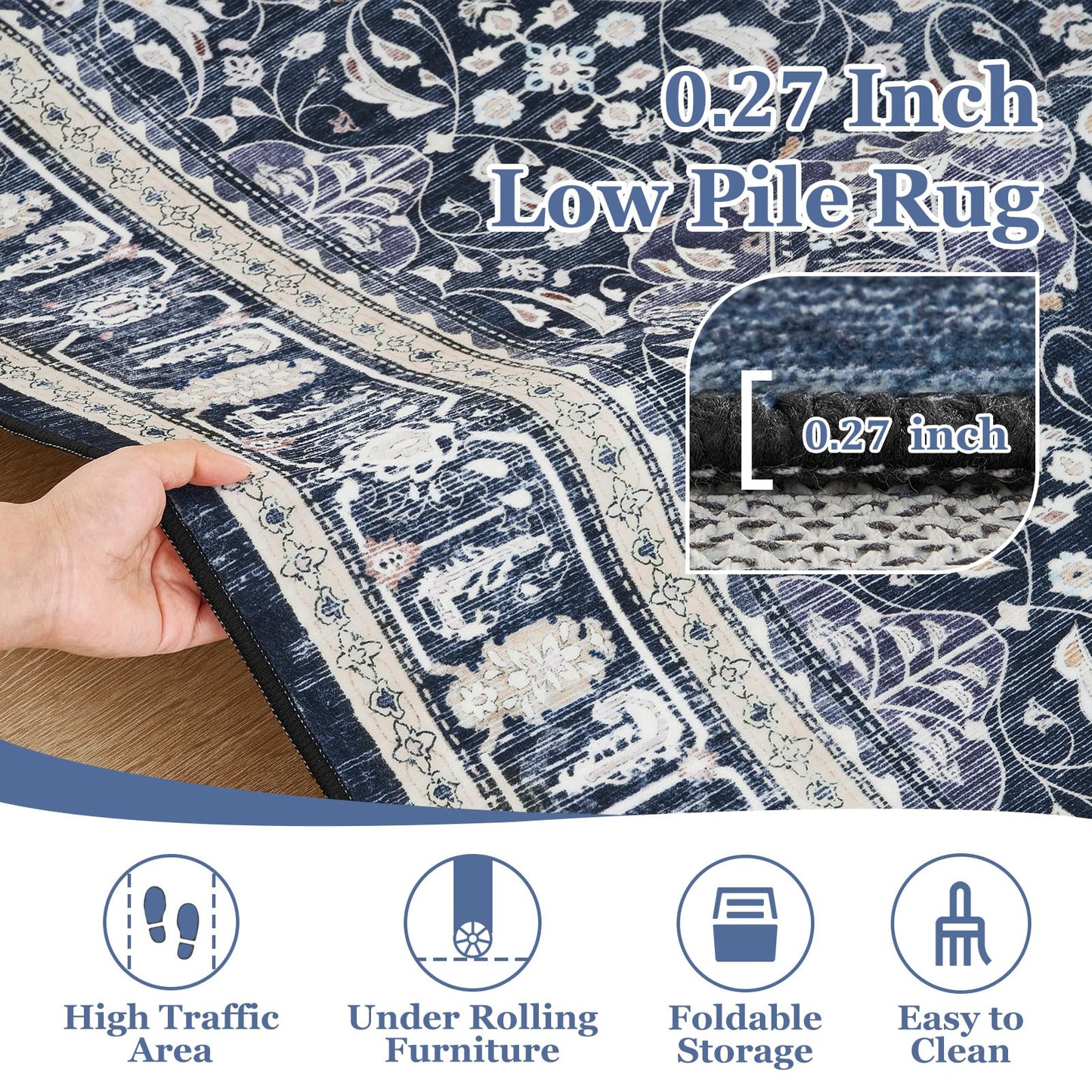 Jainmy Dark Blue Round Rugs 6ft for Living Room, Washable Non Slip Low Pile 6 Feet Circle Rug for Dining Room Kitchen, Boho Moroccan Floral Trellis 6x6 Round Carpet for Bedroom Home Office