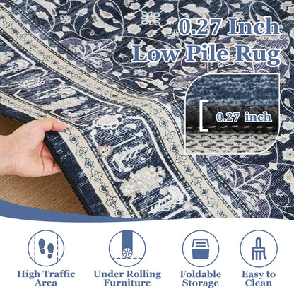 Jainmy Boho Floral Moroccan Trellis Large Area Rugs 9x12 for Living room, Dark Blue Classic Transitional Style Room Carpet Rug for Bedroom Dining Room, Washable Rug with Rubber Back Low Pile Thin Soft