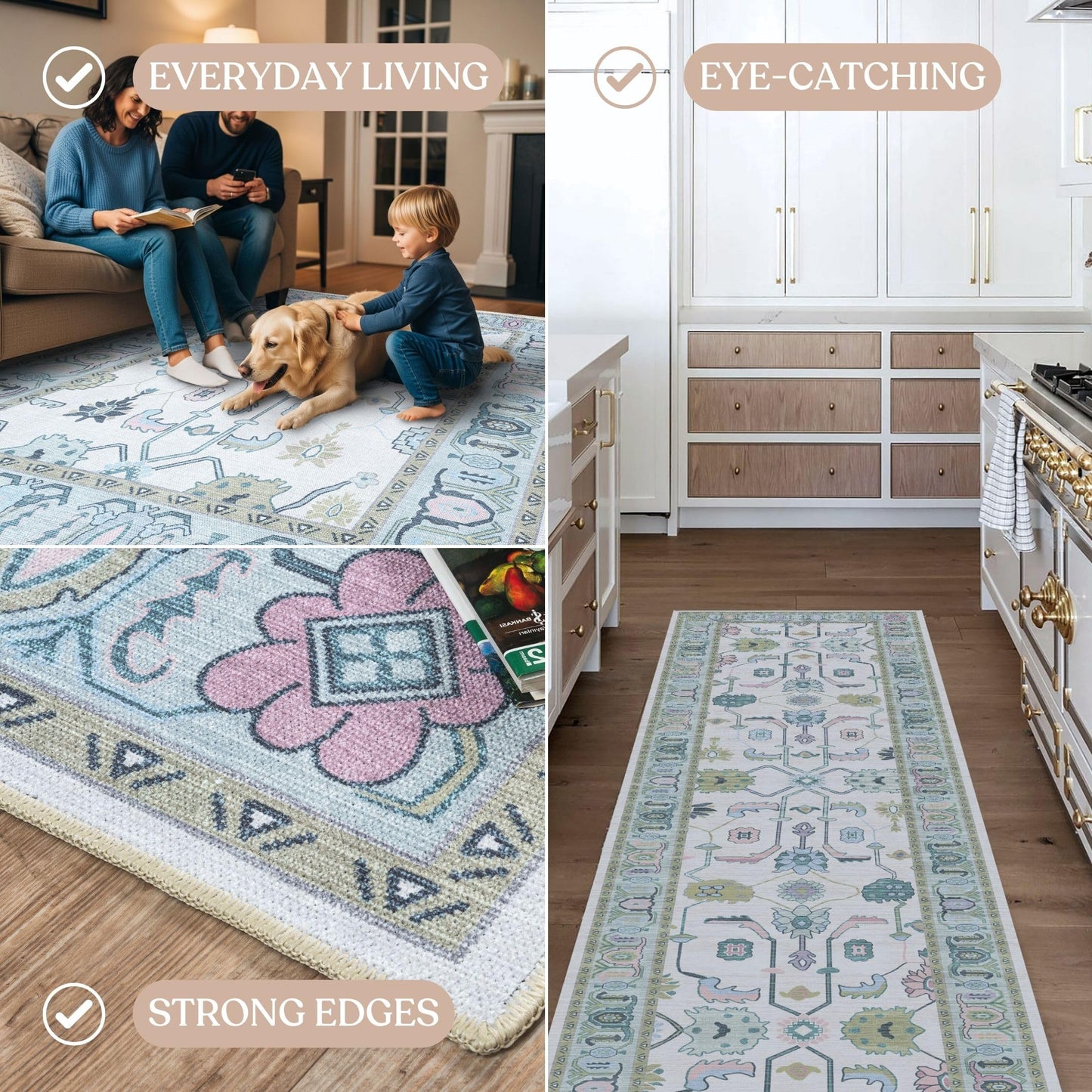 Fame Living Cream Green Oushak Rug, Modern, Vintage, Turkish, Eclectic, Floral, Pastel, Washable, Area Rugs for Living Room, Dining, Bedroom, Office, Entryway, Foyer, Playroom, Nursery, 5'x6'9"