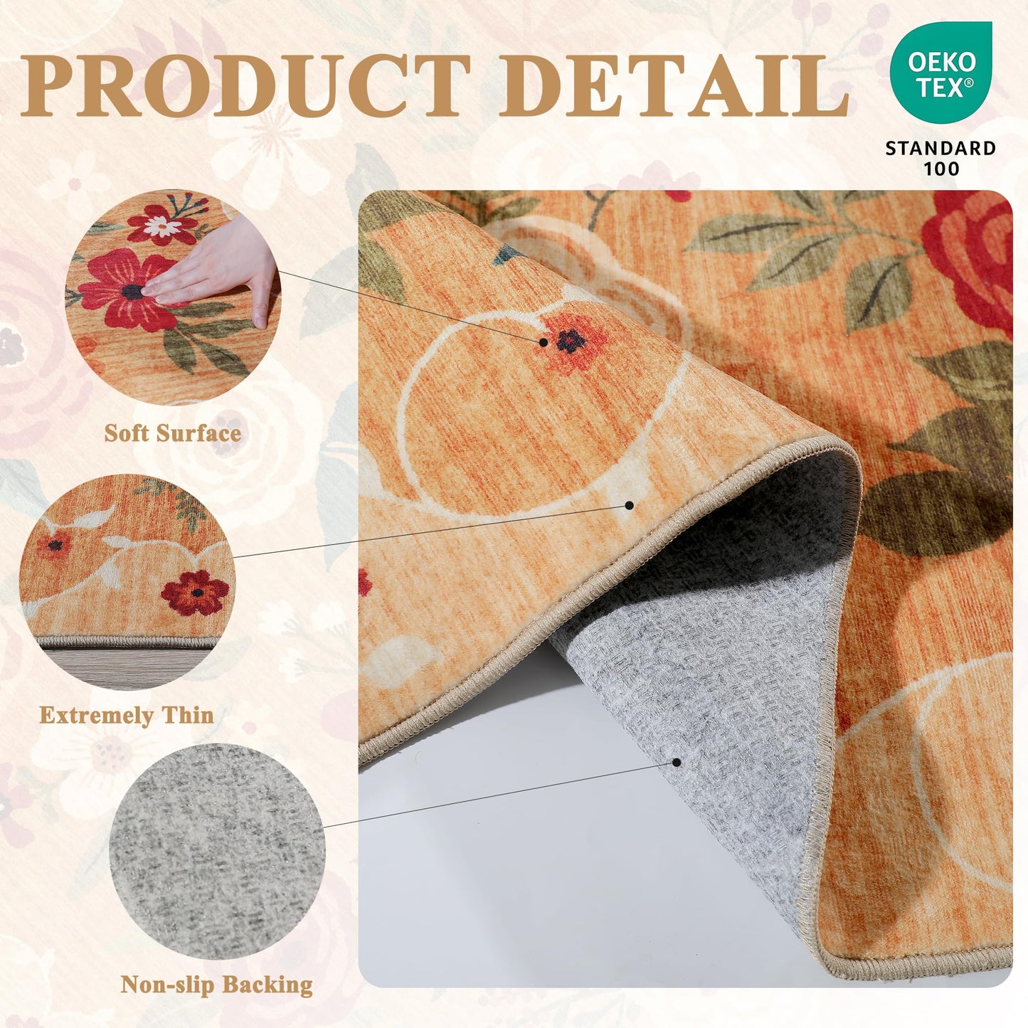 DUKINO 2x6 Runner Rug for Hallway, Washable Kitchen Runner Rug with Non Slip Backing, Low Pile Soft Boho Floral Runner for Kitchen, Hallway, Entryway, Laundry, Bedroom, Orange