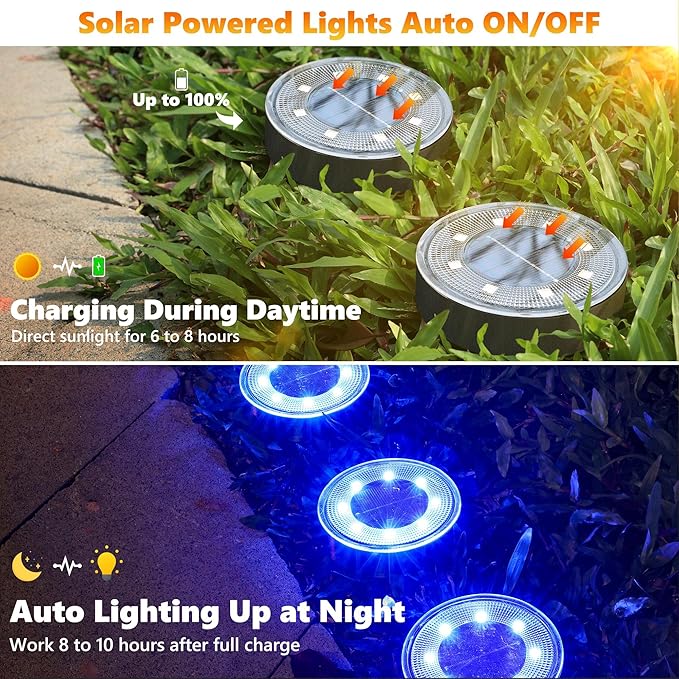 Joomer Solar Ground Lights, 8 Pack 8 LED Solar Lights Outdoor IP68 Waterproof Solar Disc Lights In-Ground Landscape Lighting Outdoor Lights for Patio Pathway Lawn Yard Driveway Walkway (Blue)