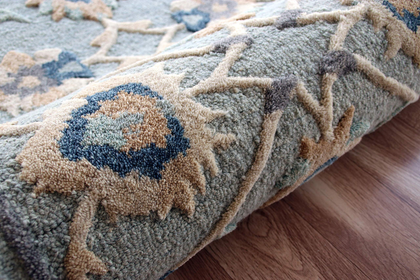 LR Home 2x4 Wool Hearth Rug, Semi Circle Floral Farmhouse Area Rug, Blue/Gray Indoor Transitional Rug for Fireplace, Entryway, Living Room & Bedroom