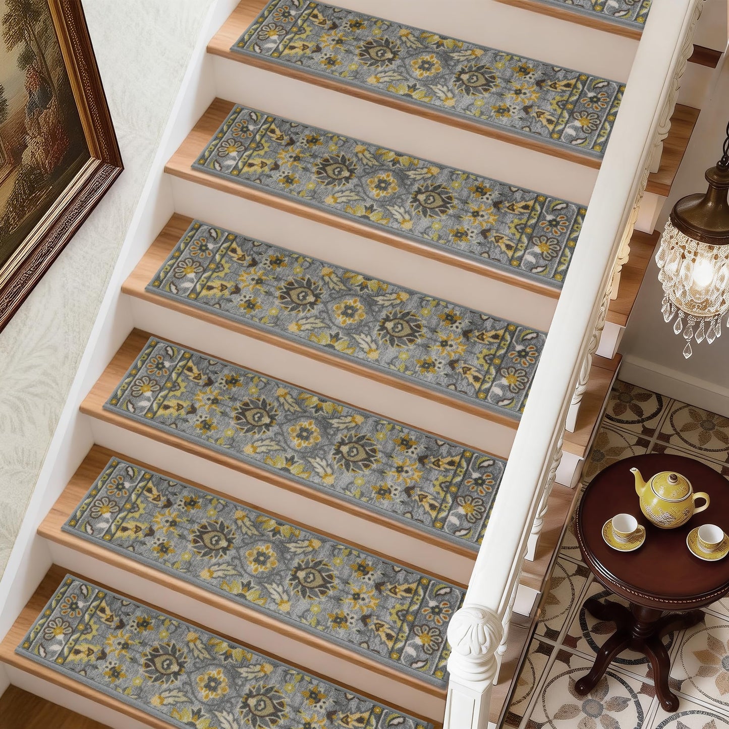 COSY HOMEER-Stair-Treads-for-Wooden-Steps Washable Indoor Stair Treads Non Slip 8" X 30" Soft Stair Carpet Treads Reusable Peel and Stick Stair Runner Rug for Kids, Elders and Pets 15pcs