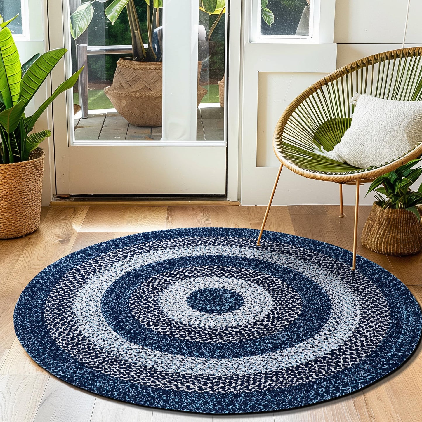 Super Area Rugs Rustic Aqua Blue/White/Black Braided Rug for Dining Room Table, Washable Outdoor Rug for Patio/Porch 4' Round