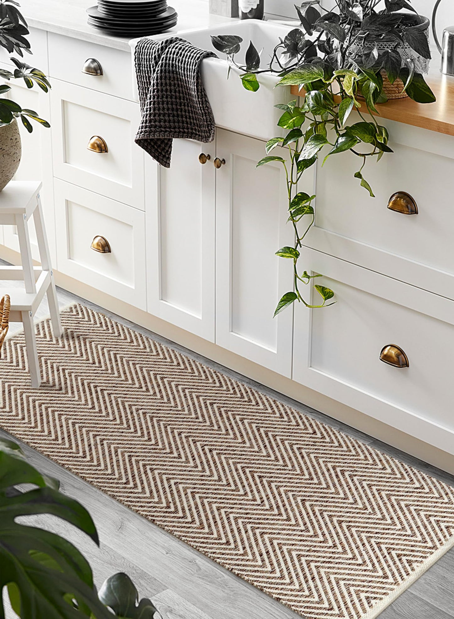 Cotton Chevron Hand Woven Area Runner Rug 2x6 Feet - Beige, Farmhouse Decorative Floor Runners Ideal for Hallways, Kitchen, Bedroom | Linen Nursery Neutral Geomatric Reversible Living Space Patio Mats
