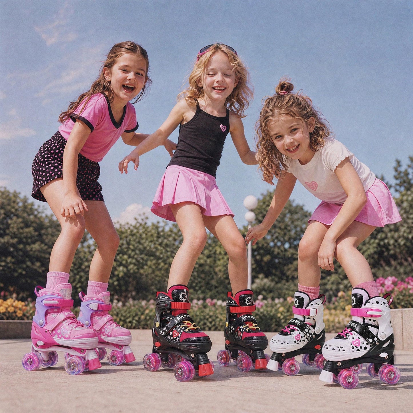 SULIFEEL Adjustable Roller Skates for Girls Ages 5-8 6-12 with Polka Dots & Bow, Light Up Wheels, 4 Sizes Adjustable for Beginner Kids Skates Indoor Outdoor Sports