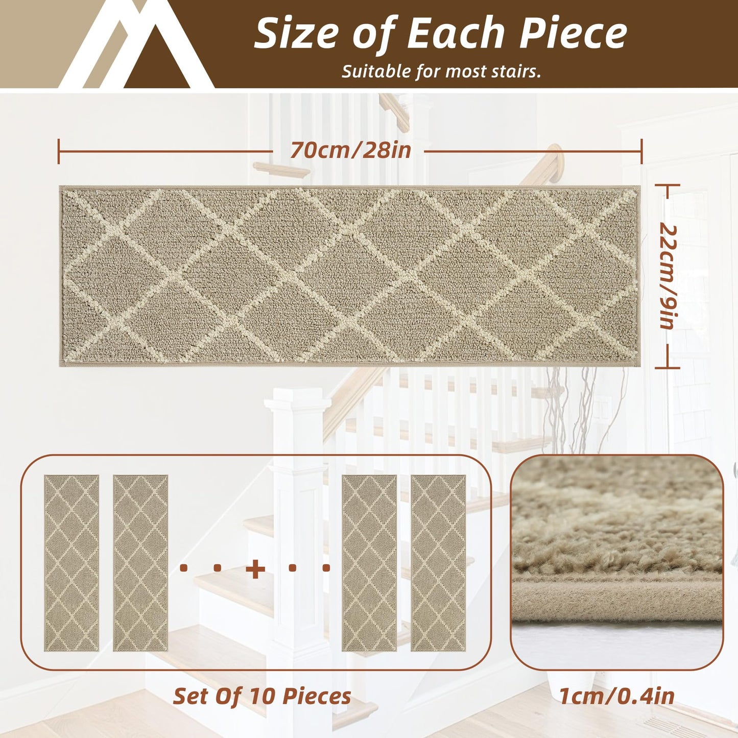 COSY HOMEER Stair Treads for Wooden Steps 9"x28", Non Slip Carpet Stair Treads, Peel and Stick Indoor Runners for Kids Elders and Dogs, 100% Polyester TPE Backing, 10pcs, Beige