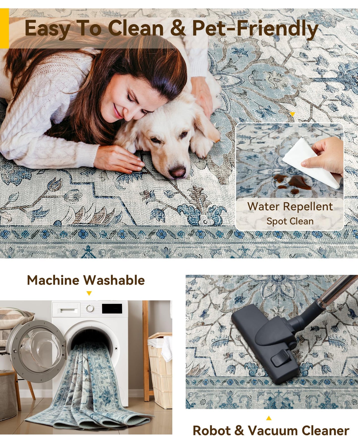 RELEANY Area Rugs 5'x7' Washable Non-Slip, Floral Vintage Distress Medallion Carpet for Living Room Bedroom Dining Room, Light Blue Navy Gray White
