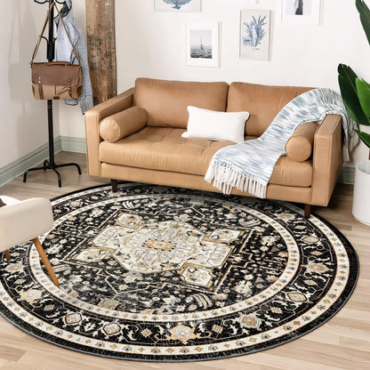 MUJOO Round Rugs 6ft,Black Circle Area Rug Washable,Boho Circular Rugs for Living Room Bedroom,Large Non Slip Throw Carpet Vintage Soft Black and Gold Floral