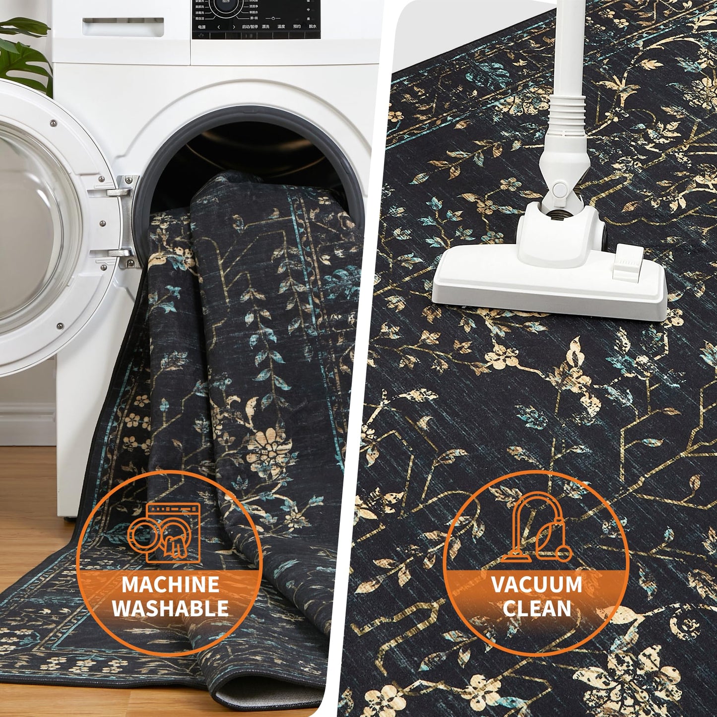 Garvee 9x12 Area Rug for Living Room, Vintage Retro Boho Rug, Washable Non Slip & Low Pile Carpet for Living Room, Bedroom, Dining Room, Black