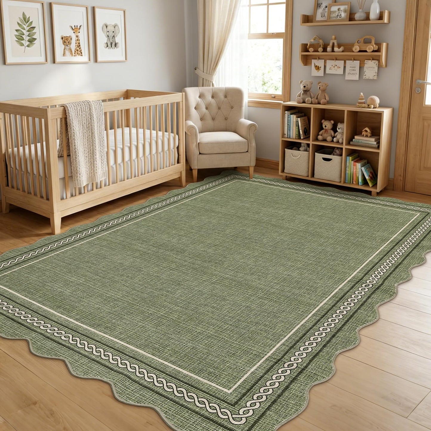 MilleLoom Large Area Rug 9x12 Scalloped Rug Machine Washable Non Slip Carpet Farmhouse Non-Shedding Neutral Floor Mat Indoor Soft Low Pile Foldable Rugs for Living Room Bedroom Dining Room Dorm Green