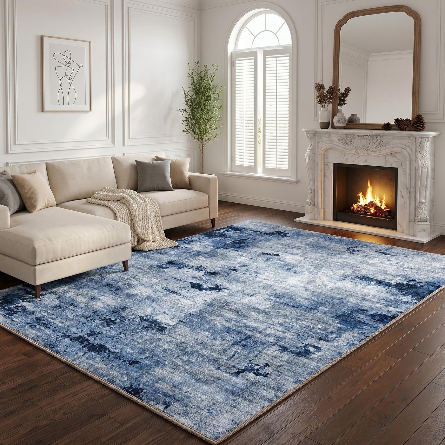 Cnythlis 8'x10' Washable Area Rugs for Living Room Bedroom, Pet Friendly Non Slip Low Pile Rug for Hardwood Floors High Traffic Areas, Modern Abstract Stain Resistant Carpet, Blue