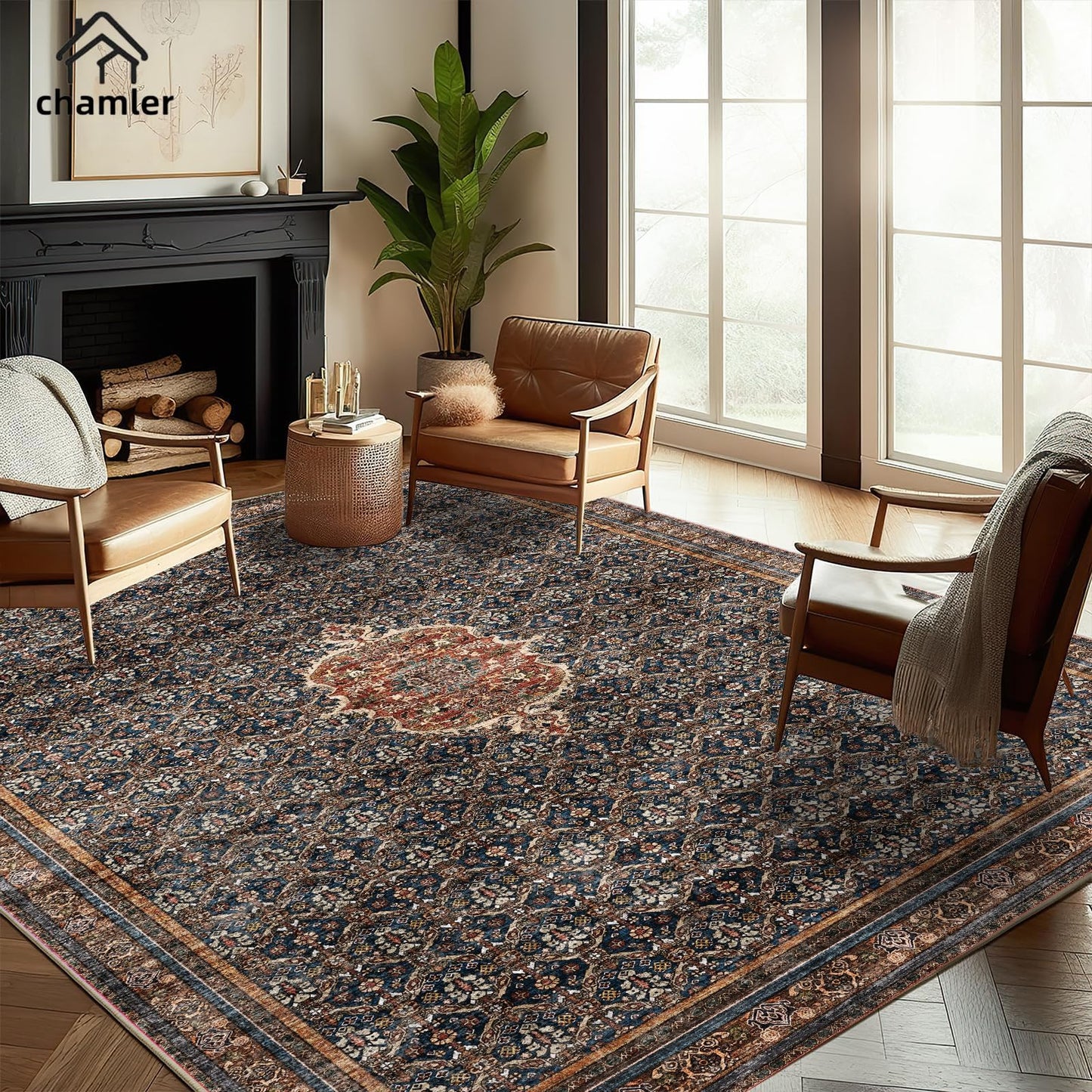 chamler Washable Area Rug 10'x14' Boho Chic Medallion Distressed Design Non-Shedding Easy Care Ideal for High Traffic Areas in Rug for Living Room Bedroom Office Coffee Table Large Carpet