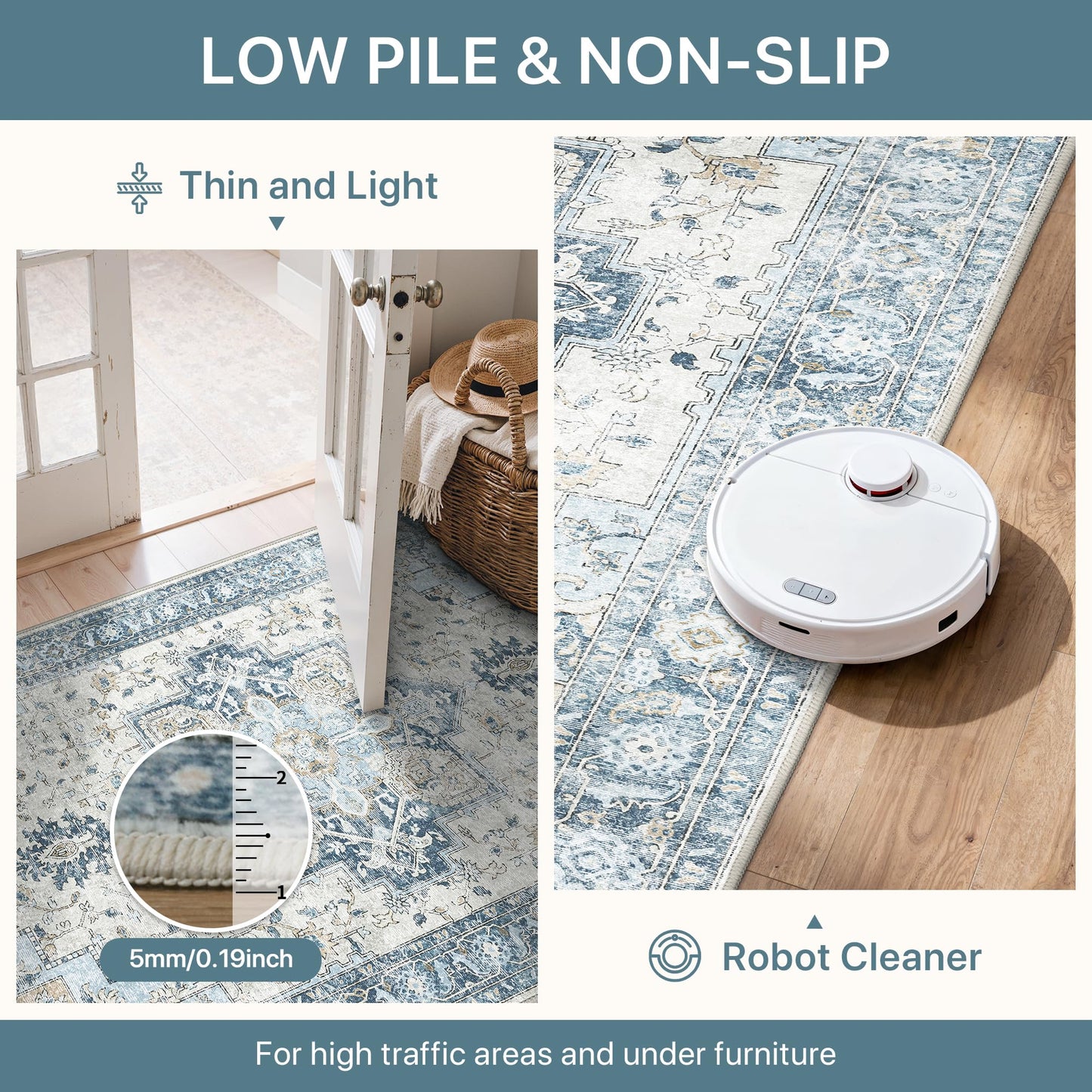 BESBLEE 9x12 Area Rugs for Living Room, Machine Washable Non Slip Vintage Rugs, Low Pile Lightweight Print Rug for Bedroom, Dining Room, Home Office, Blue