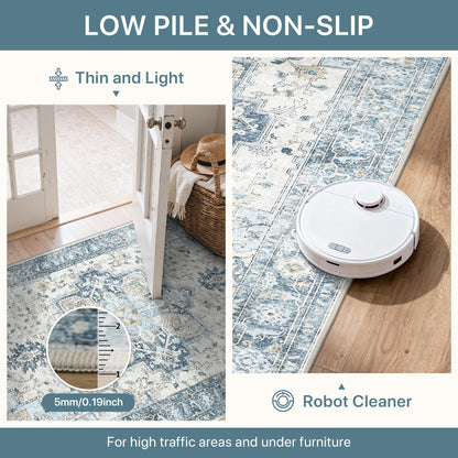 BESBLEE 9x12 Area Rugs for Living Room, Machine Washable Non Slip Vintage Rugs, Low Pile Lightweight Print Rug for Bedroom, Dining Room, Home Office, Blue