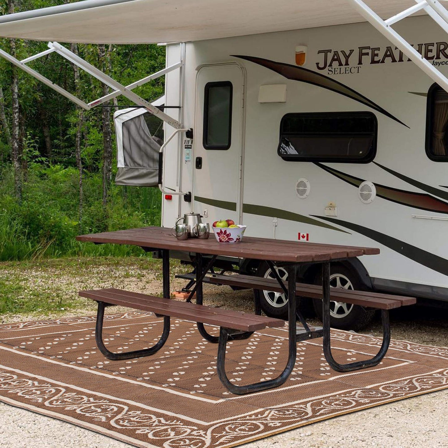 SAND MINE Reversible Mats, Plastic Straw Rug, Modern Area Rug, Large Floor Mat and Rug for Outdoors, RV, Patio, Backyard, Deck, Picnic, Beach, Trailer, Camping (9' x 12', Brown & White)