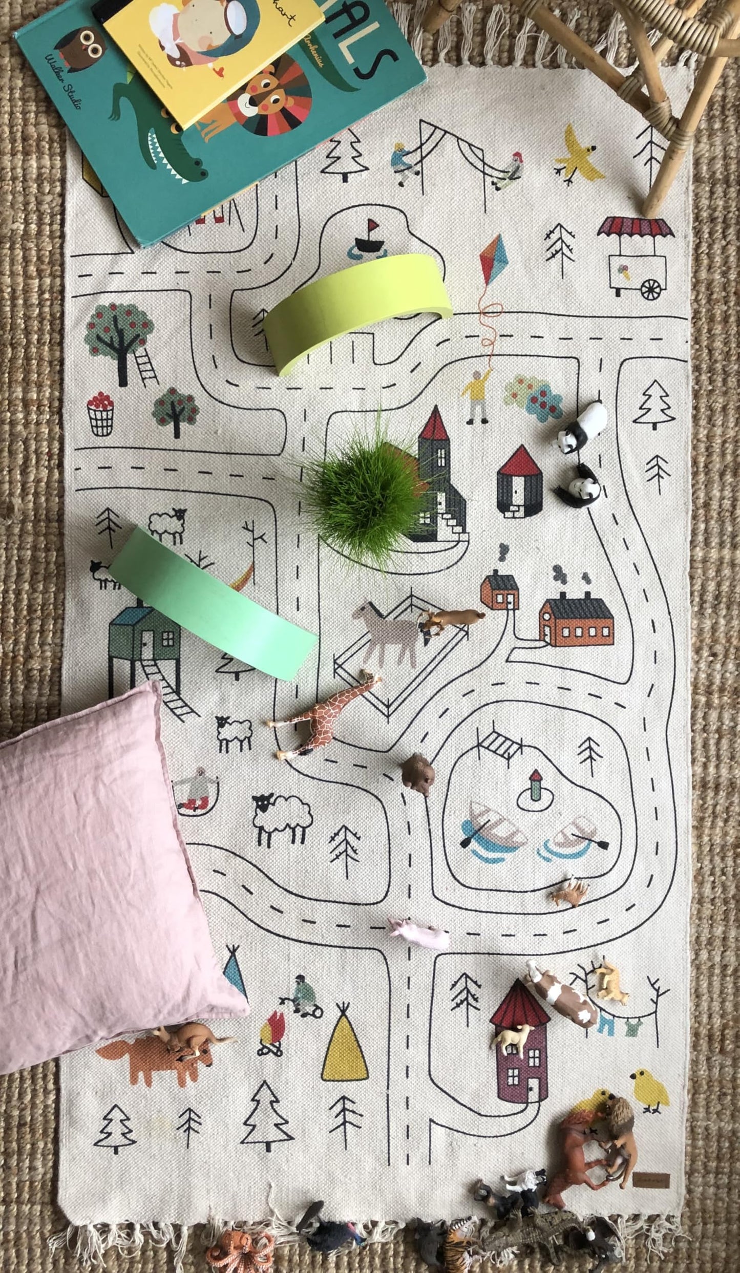 Hand-Woven Organic Cotton Kids Play Rug (59 x 35 inches) – City Road Map Design, Non-Toxic & Eco-Friendly Nursery Playroom Carpet, Soft Scandinavian Style Mat