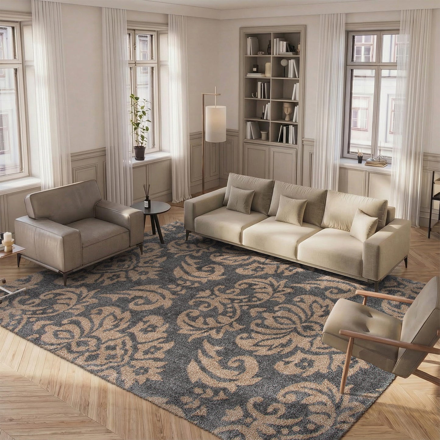 SAFAVIEH Area Rug 8x10 - Florida Shag Collection - Large - Grey & Beige, Damask Design, Non-Shedding & Easy Cleaning, Plush Thick Pile, Ideal for Living Room, Bedroom, Dining Space (SG460013)