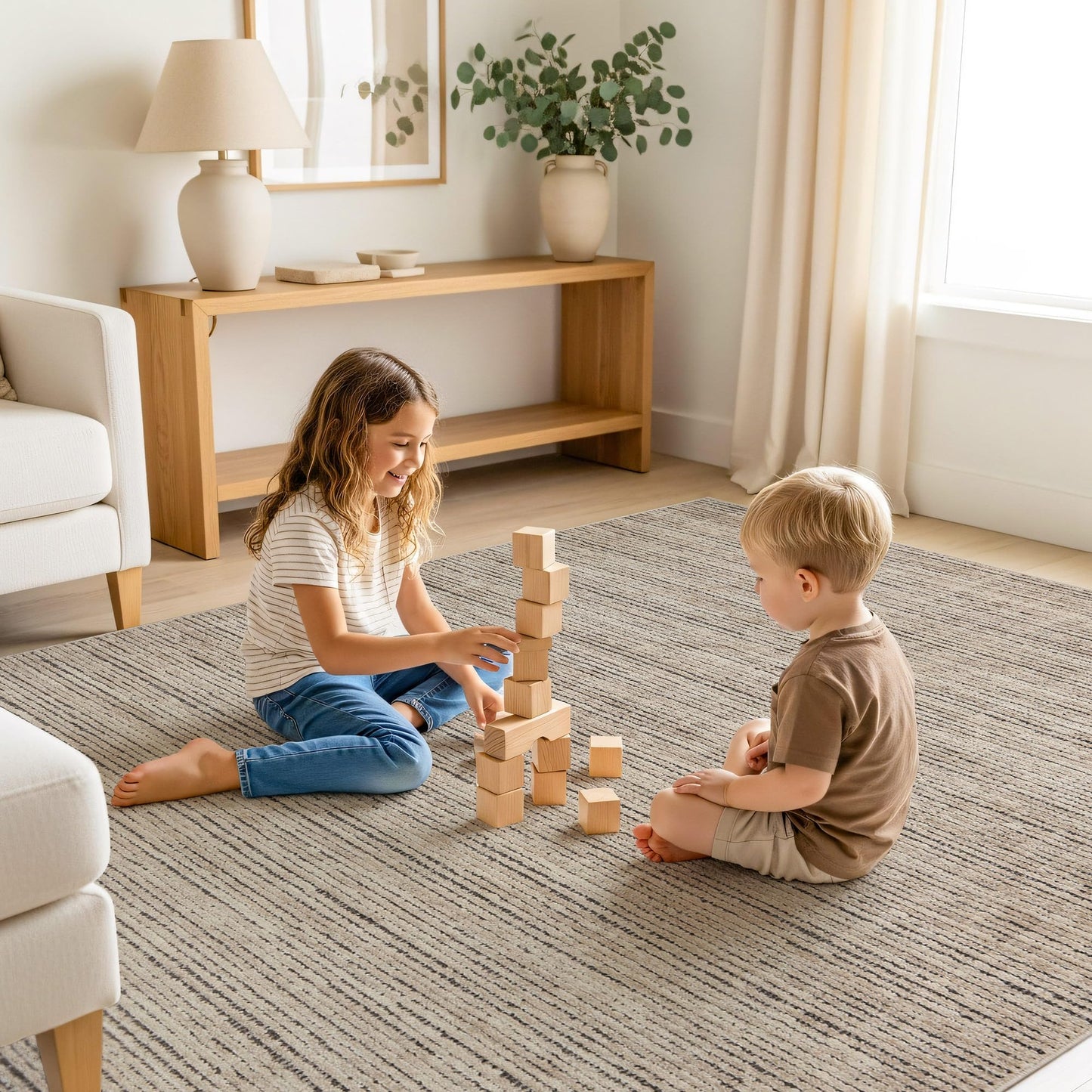 Rugshop Textured High-Low Indoor Area Rug, Neutral Stripe Design, Jute Backing, Living Room Bedroom Kitchen Rug, Easy-Care Spot Clean, 5' x 7' Beige/Gray
