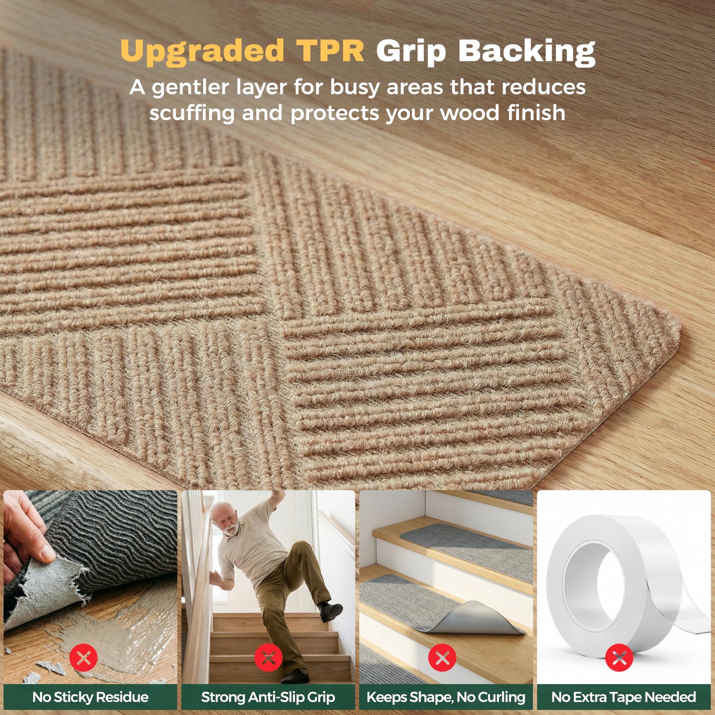 MBIGM 8 X 30inches, 15 in Pack, Non-Slip Carpet Stair Treads Non-Skid Safety Rug Slip Resistant Indoor Runner for Kids Elders and Pets with Reusable Adhesive, Cornstalk Weave