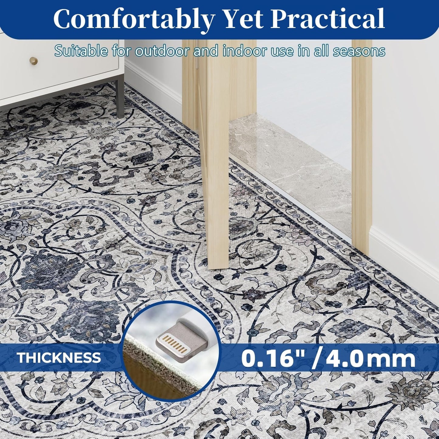 SALLOUS Vinyl Floor Mat for Home, 5' x 8' Waterproof Area Rug for Living Room, Non-Slip Area Rug for Under Dining Table, Vinyl Hard Floor Protector Mat for Bedroom, Kitchen, Bathroom (Grayish Blue)