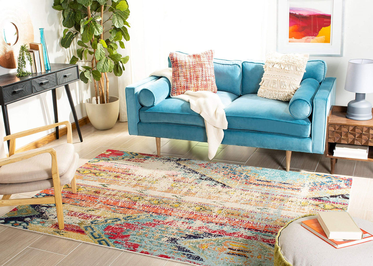 SAFAVIEH Madison Collection Area Rug - 10' x 14', Blue & Orange, Boho Chic Tribal Distressed Design, Non-Shedding & Easy Care, Ideal for High Traffic Areas in Living Room, Bedroom (MAD422F)