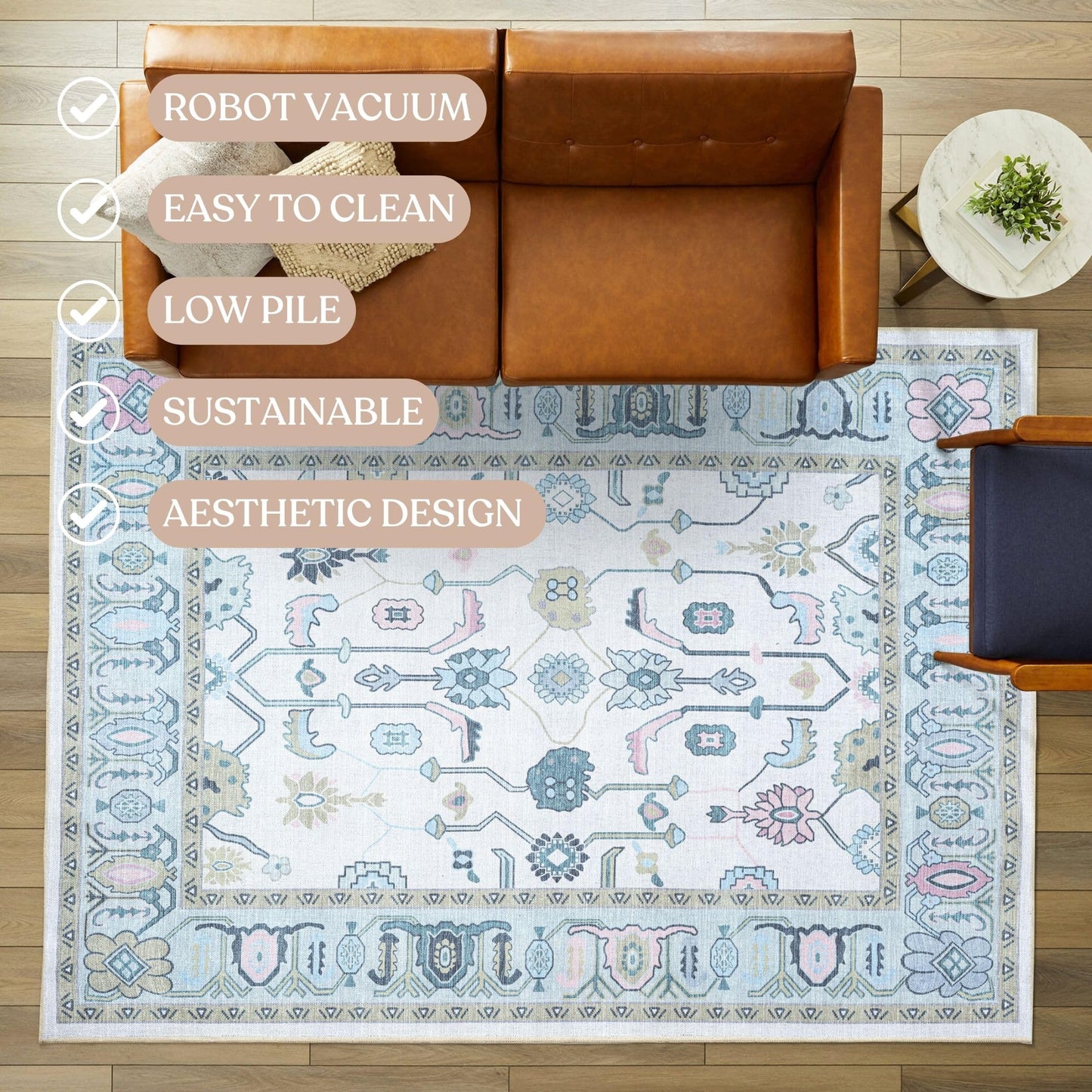 Fame Living Cream Green Oushak Rug, Modern, Vintage, Turkish, Eclectic, Floral, Pastel, Washable, Large Area Rugs for Living Room, Dining, Bedroom, Girls, Boys, 7'5"x9'8"