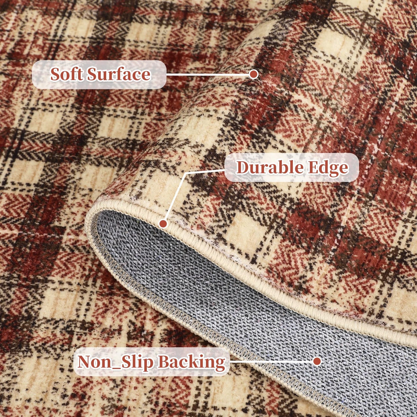 LUXLOOM Washable Rugs 2x10 Runner Rug Modern Plaid Bathroom Rugs Non Slip Kitchen Runner Low Pile Entryway Rug Soft Runners Stain Resistant Carpet for Laundry Hallway Bedside 2'x10' Red