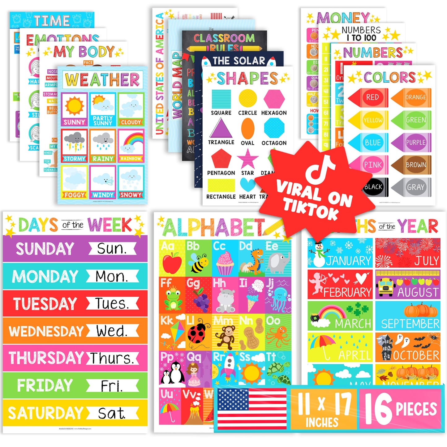 Hadley Designs 16 Educational Posters for Classroom Must Haves - Laminated Pre-K Posters for Toddler Homeschool Essentials, Toddler & Preschool Learning Activities, Kindergarten Classroom Decor